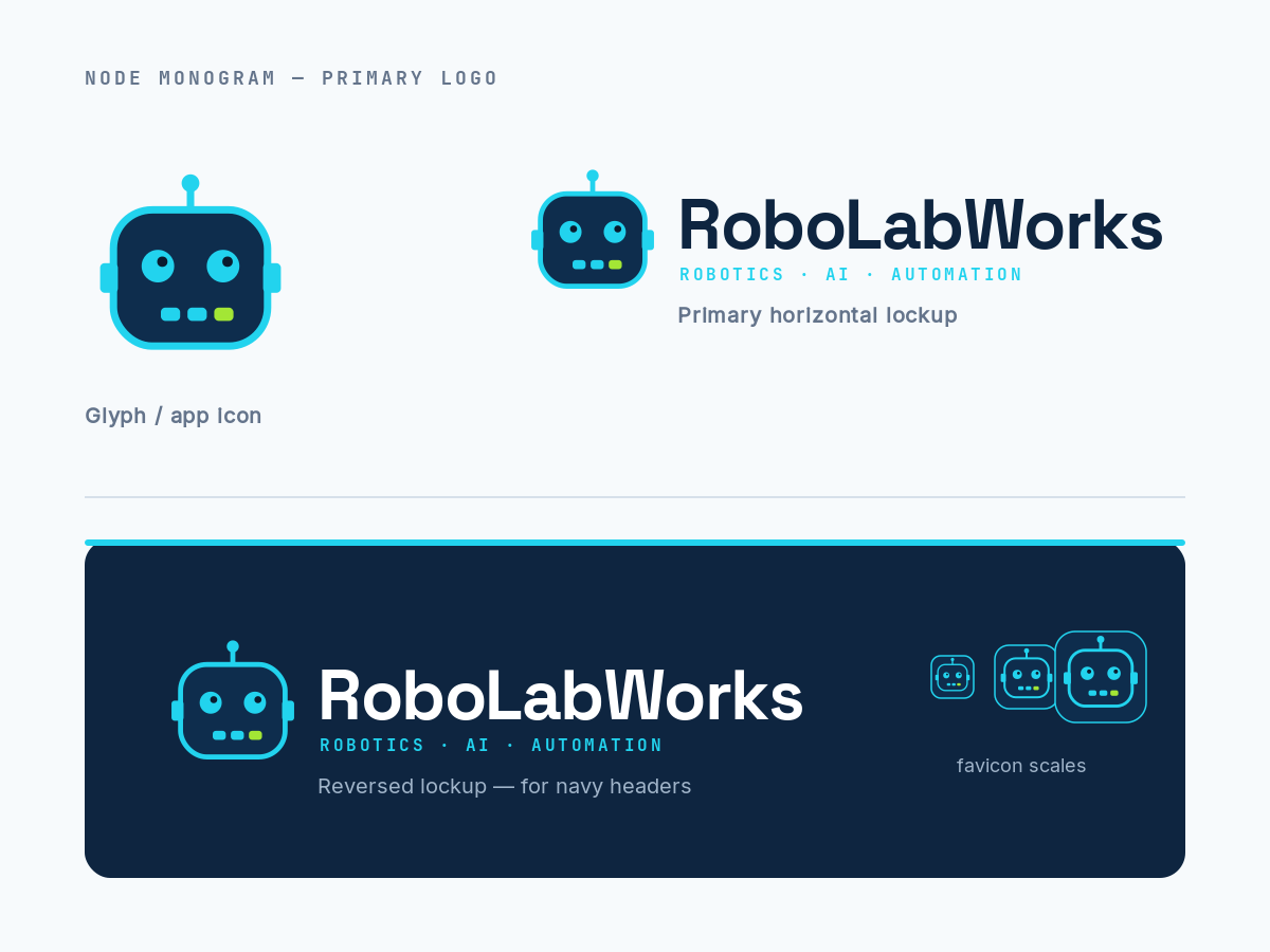RoboLabWorks Node Monogram logo sheet — primary logo, glyph, and lockups